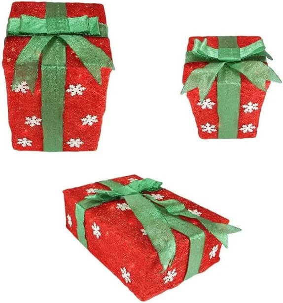 Set Of 3 Lighted Red With Green Bows And Snowflakes Gift Boxes Outdoor