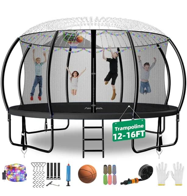 12ft Round Backyard Trampoline With Safety Enclosure Net Basketball Hoop Bonus Sprinkler And Led Lights, Outdoor Recreational Trampoline Furiphe Pad