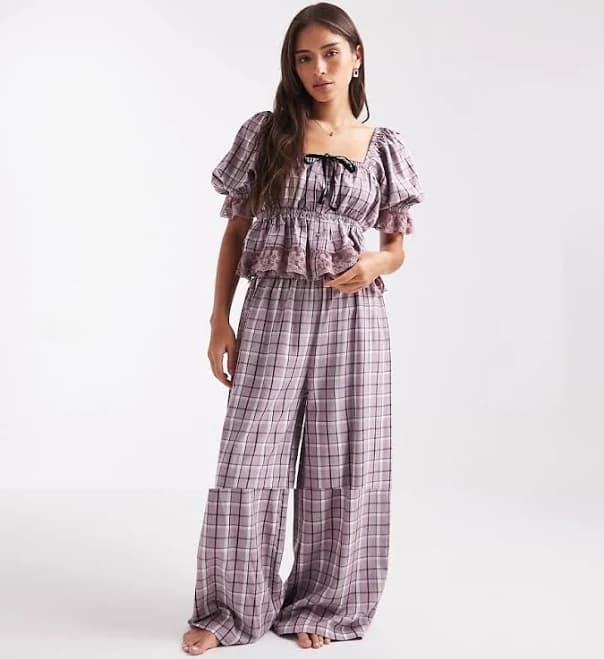 Miss Selfridge cotton wide leg pajama set in purple plaid-Multi