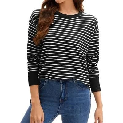 Inspire Chic Women's Striped Long Sleeve Pullover Top with Side Slits
