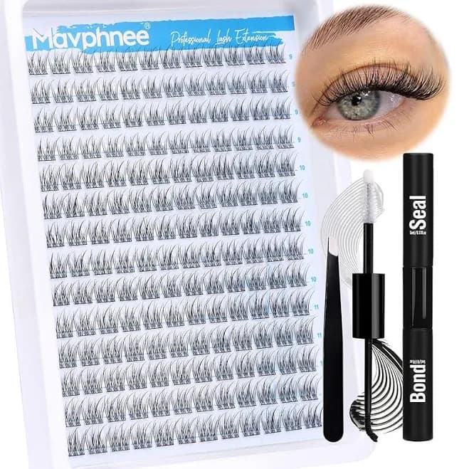 Natural Cluster Lashes Kit 168 Pcs Wispy Lash Extensions CC-Curly 9-11MM Mixed Lengths Eyelash Extension Individual Kit with Lashes Bond and Seal and