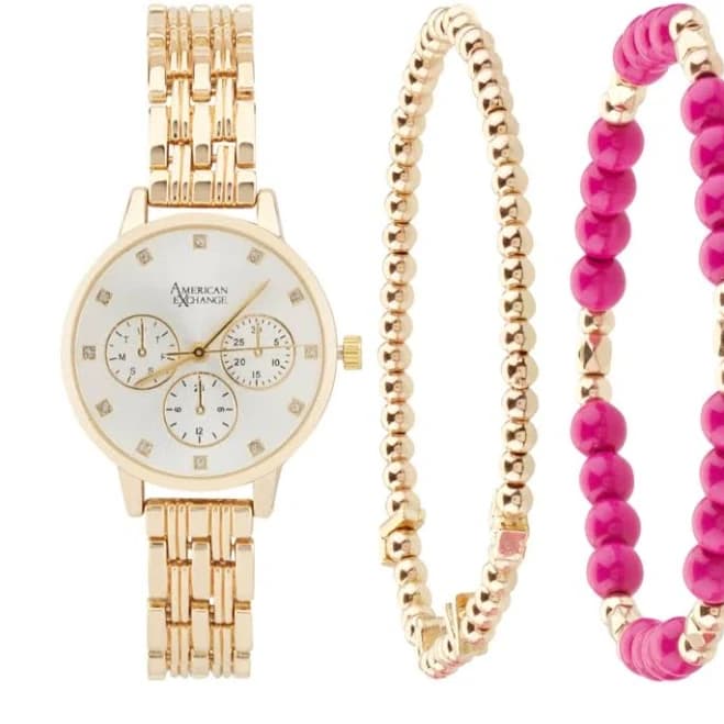 AMERICAN EXCHANGE Women's Shiny Gold Metal Alloy Band Analog Watch with Stackable Bracelets