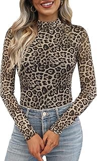 Womens Long Sleeve Mesh Top See Through Mock Neck Sheer Blouses
