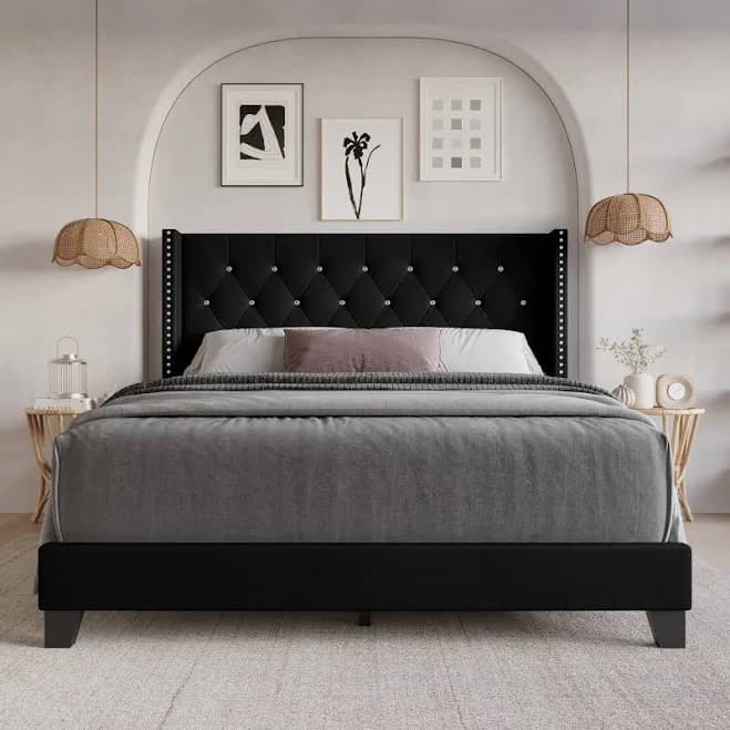 Home Design Clayfell Monroe Tufted Upholstered Wingback Panel Bed