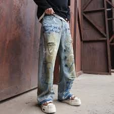 Japanese Brand Light Blue Graffiti Distressed Baggy Jeans, Loose Fit Denim | Grailed