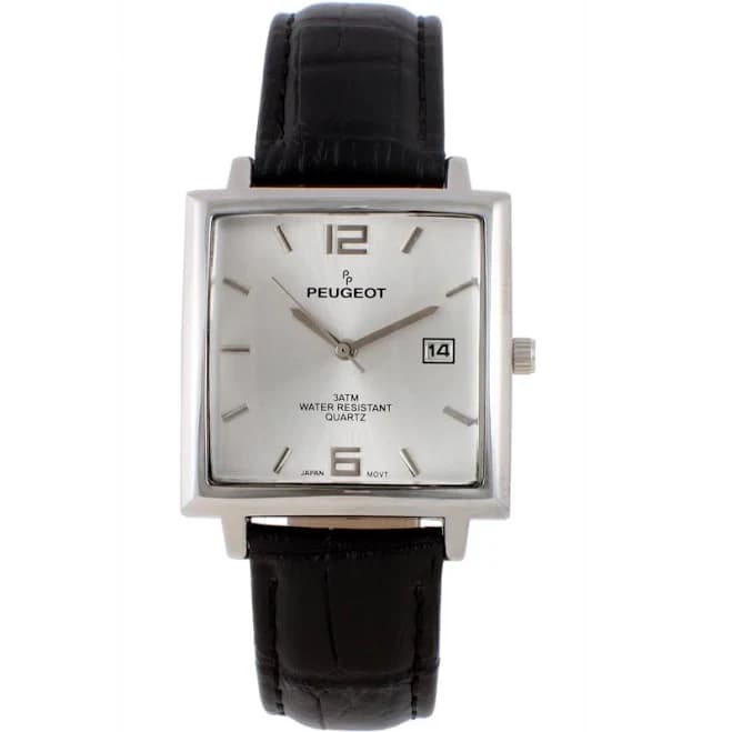 Peugeot Men's Modern Square Metal Watch with Leather Strap