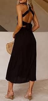 Amazon.com: CHARTOU Women Sexy Spaghetti Strap Cut Out Smocked Dress Party Backless Flowy Midi Dress with Pocket (Large,Black) : Clothing, Shoes & Jewelry