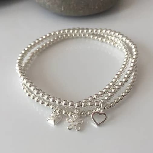 Sterling Silver Beaded Charm Bracelets (3 Stacking Bracelets)