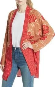 Free People Kimono Cardigan Red Floral Cover Up Size M