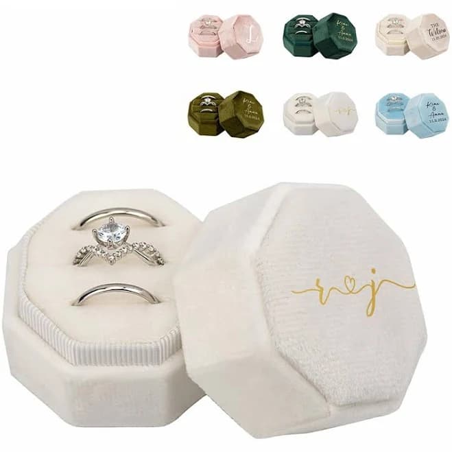 Personalized Velvet Octagonal Ring Box for Jewelry Gift Three Slots Custom Velvet Ring Box with Name for Wedding Ceremony Engagement Birthday
