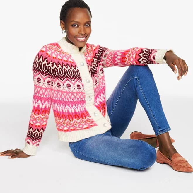 Women's Talbots Petite Mockneck Cardigan Sweater Modern Fair Isle