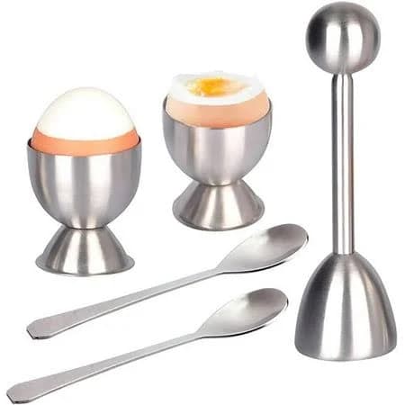 Egg Cracker Topper Set - Includes Egg Cups, Spoons and Cutter - Stainless Steel Easy Egg Opener, Silver