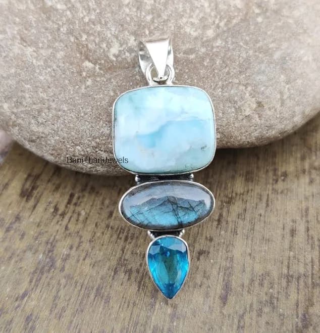 925 Sterling Silver Larimar, Blue Topaz, and Labradorite Pendant