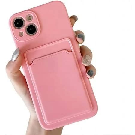 For iPhone Case,Cute Silicone with Credit Card Holder Camera Lens Protection Soft Shockproof Phone Case (Pink,iPhone 13)