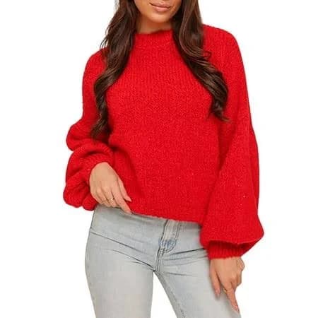 Women's Oversized Sweater Crewneck Fall Winter Long Sleeve Fuzzy Warm Knit Pullover Sweaters Trendy Outfits Red L, Size: Large