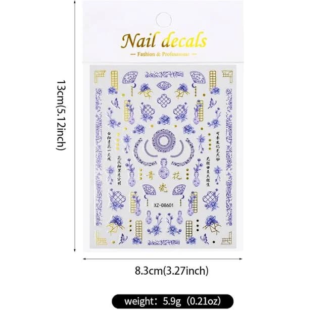 1sheet Blue And White Porcelain Nail Art Sticker 3D Chinese Style Blue Porcelain Bottle/flowers