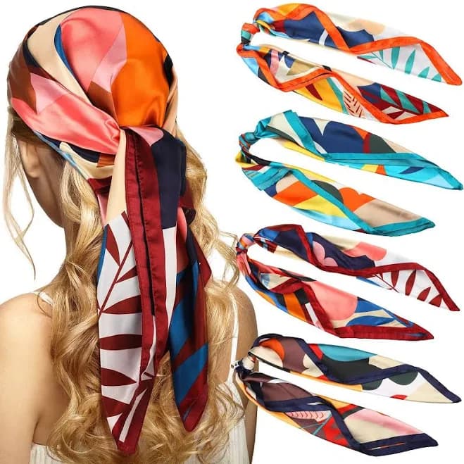 4 Packs 35 Inch Large Square Satin Printed Headscarves Floral Imitation Silk Multi Purpose