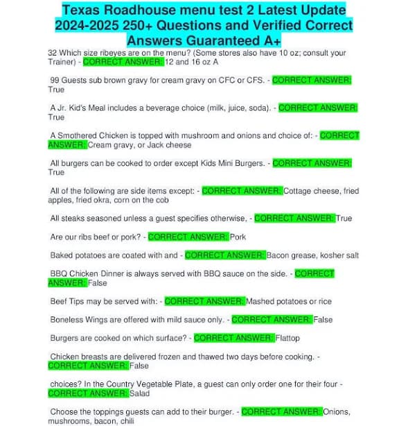 Texas Roadhouse menu test 2 Latest Update 2024-2025 250+ Questions and Verified Correct Answers Gua
