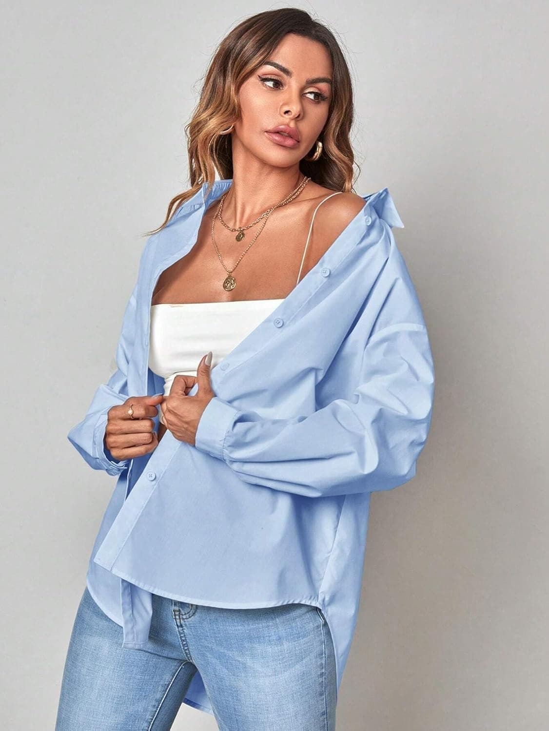 Long Sleeve Blouses for Women Fashion Drop Shoulder Button Front Curved Hem Solid Shirt Casual Trendy Shirts Blue at Amazon Women's Clothing store