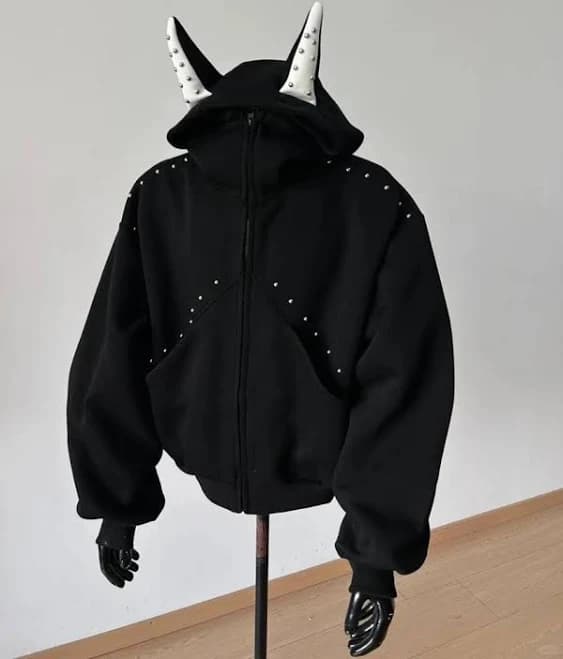 Gothic Devil Horn Studded Spikes Zip Up Hoodie