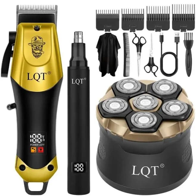 LQT Gold & Black 3-in-1 Men's Grooming Kit, Cordless Hair Clipper, Nose Trimmer & 6-Head Electric Shaver, Complete Rechargeable Barber Set for Head