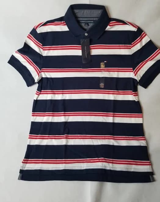 Tommy Hilfiger Mens Medium Blue Red White Striped Polo Shirt