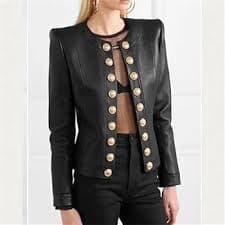 Botones de metal de doble botonadura personalizada Chaqueta de cuero de cuello redondo femenino Abrigo de cuero real suave Tops de cuero de oveja natural, Negro - : Ropa, Zapatos y Joyería - Amazon.com