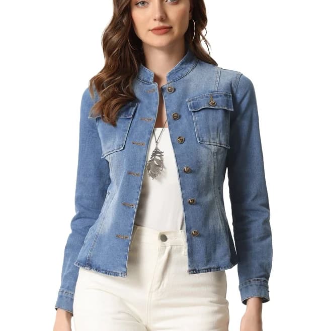 Daring Diva Women's Classic Stand Collar Denim Jacket