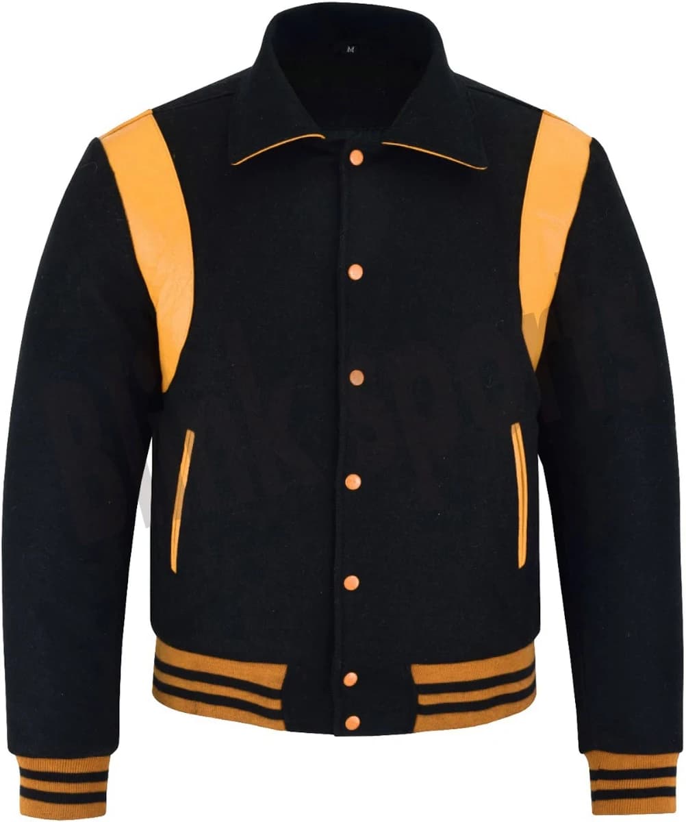 Baseball College Jacket Black Wool with Gold Single Leather Strip