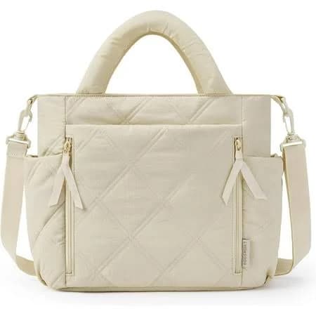 Large Cream Color Quilted Puffer Sling Bag, Light Beige Big Unisex Crossbody Daypack, White Lightweight One Shoulder Nylon Travel Backpack for Women for Men with Hidden Pocket and Bottle Holder