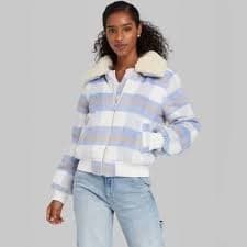 Wild fable Women's Plaid Bomber Jacket Ivory size M
