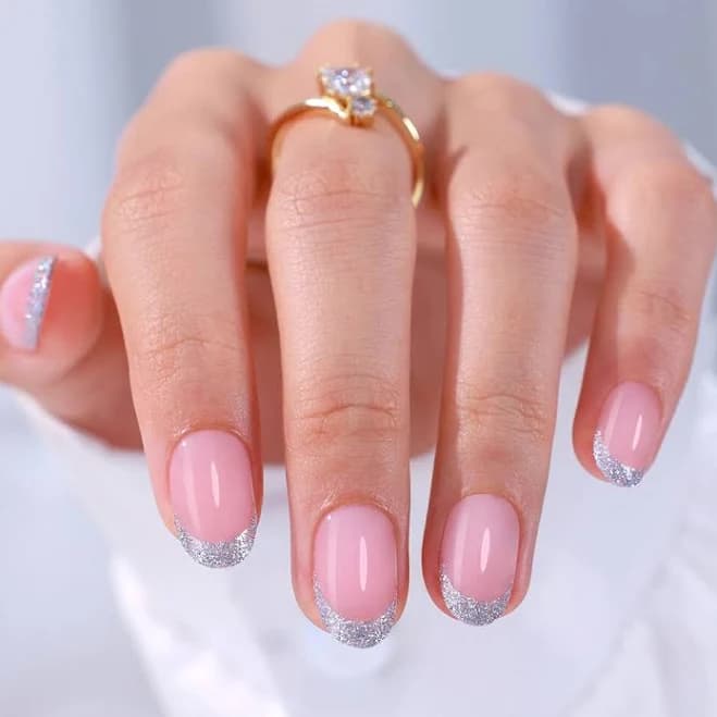 Glitter Silver French Tips Short Oval Press on Nails SHANGMENG Press-on-nails