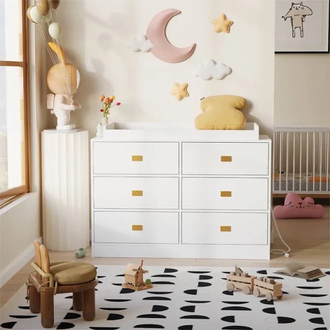 Ebern Designs 6-Drawer Baby Nursery Dresser with Changing Table Top and Anti-Tip Kit