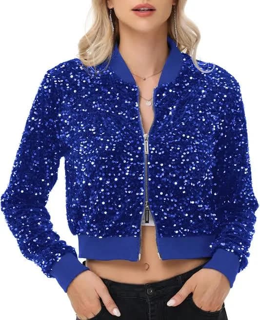 Anna-Kaci Women's Cropped Sparkly Sequin Bomber Jacket