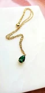Gold green teardrop necklace, gold plated green glass teardrop charm, gold plated stainless steel chain, layering chain, emerald birthstone