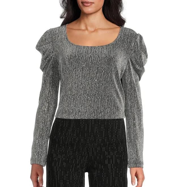 Intro Lurex Scoop Neck Long Sleeve Knit Top