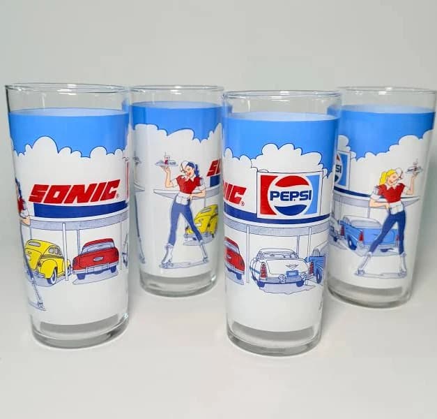 Vintage Sonic Drive-In Restaurant Pepsi Logo Glass Tumblers- Set of 4- Rare Pepsi Soda Collector Gift- Barware