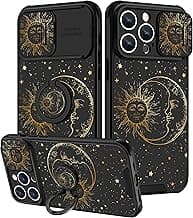 (2in1 for iPhone 14 Pro Max Case Sun and Moon Stars for Women Girls Cute Space Phone Cover with Slide Camera Cover+Ring Holder Fashion Golden Print Design Black Cases for 14 ProMax 6.7''