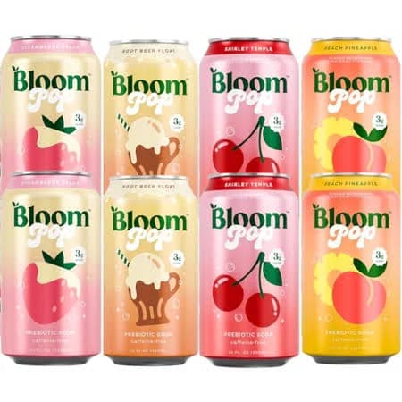 Bloom Pop Prebiotic Soda Variety Pack, 8 Cans (12oz Each) Peach Pineapple, Rootbeer Float, Shirley Temple & Strawberry Cream Gut-Friendly, Caffeine-