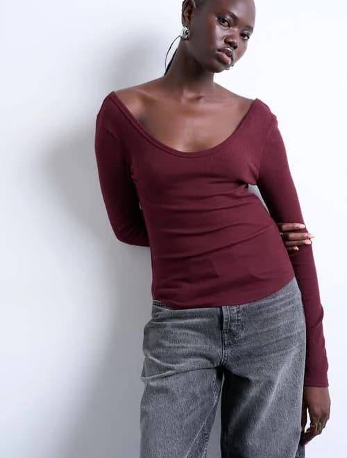 Topshop Double V-Neck Long Sleeve Rib Top