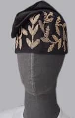 Akogun Black Velvet Yoruba Ceremonial Cap with Leafy Embroidery