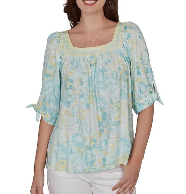 Ruby Rd. Women's Renaissance Romance Watercolor Floral Square Neck Top