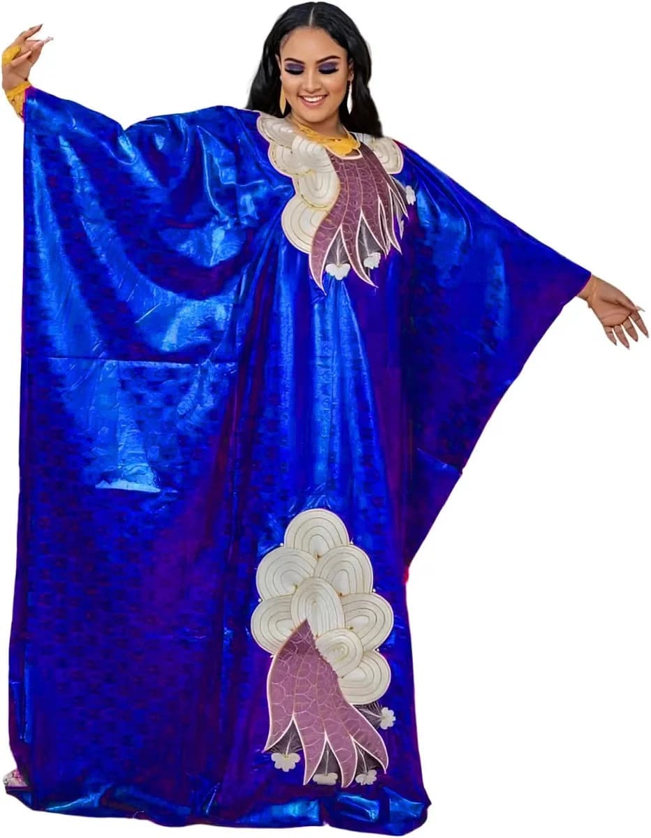 African Bazin Embroidery Maxi Dress with Scarf