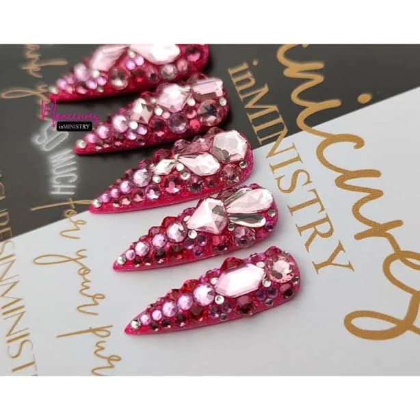 HOT Pink BLING Press-on Nails | 3XL Press Ons with Pink Jewels | Press-on Nails with Jewels | ALL Pink Bling Nails | Pink Money Nails