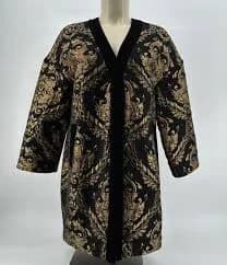 Free The Roses Baroque Brocade Coat - Black Gold Velvet Trim Statement Jacket- S