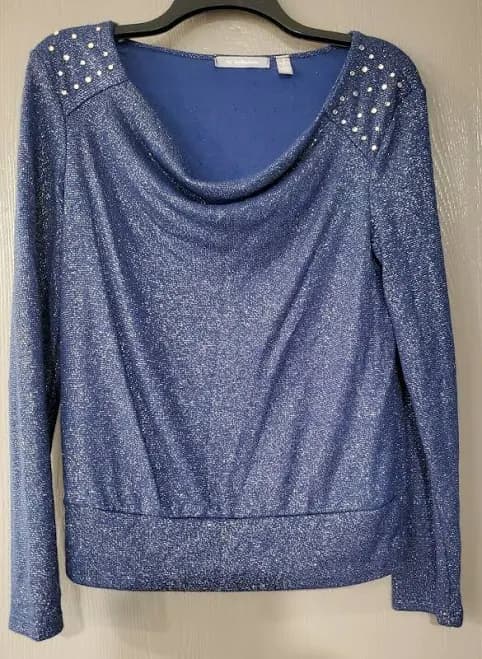 Ny Collection Womens Blue Top Blue Shiny/glittery Top W/rhinestones