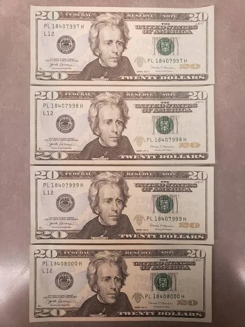 Twenty Dollar Bills, Series 2017a $20 Sequential Notes Lot Of 4