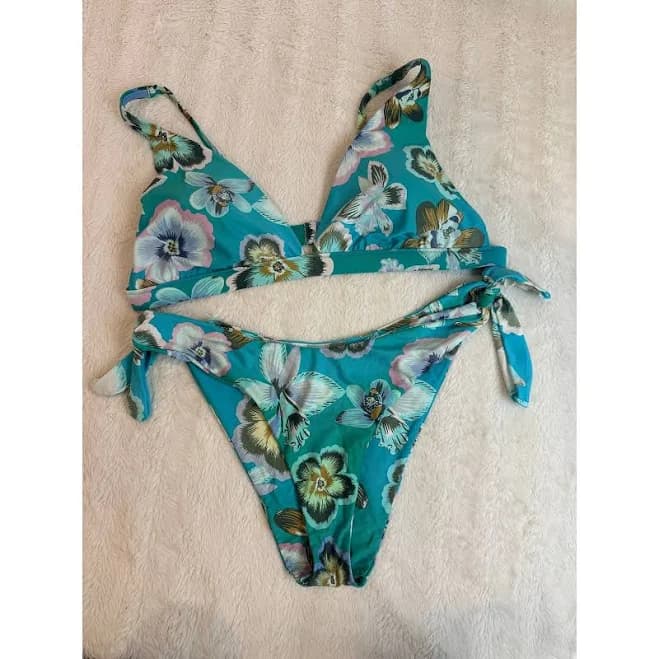 Aerie Teal Tropical Floral Bikini Side Tie Bottoms Triangle Top
