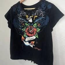 Ed Hardy Juniors T-Shirt BLACK Y2K Retro Love Rose Eagle Design Rear Fringe XL