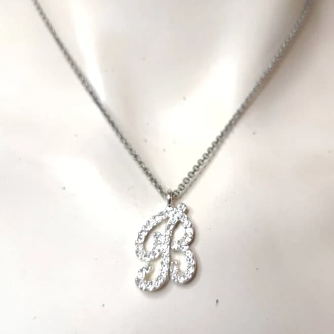 B Initial Letter Rhinestone Necklace Silver Tone Pendant